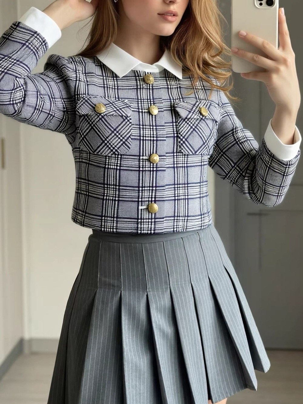 Plaid Cropped Outerwear with Contrast Collar and Gold Buttons